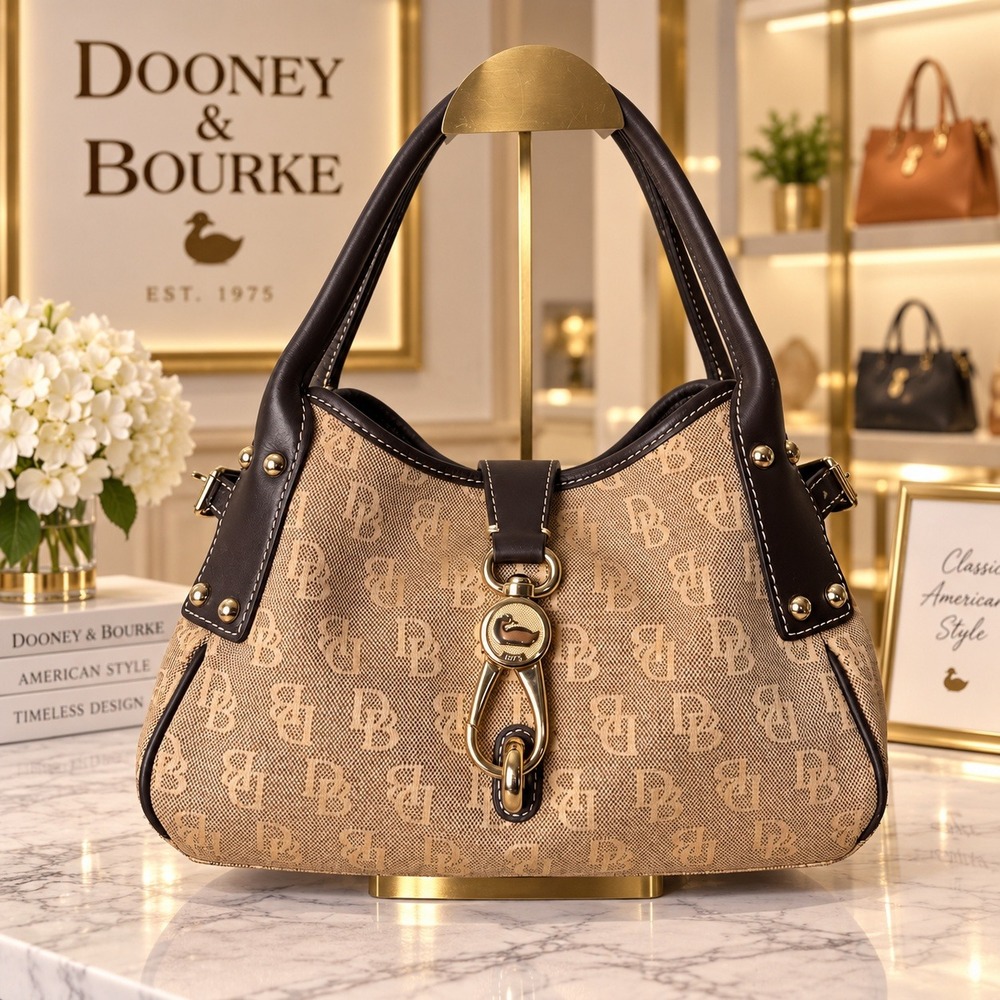 Dooney & Bourke Monogram Canvas Satchel Bag Tan Brown Leather Trim Vintage Y2K